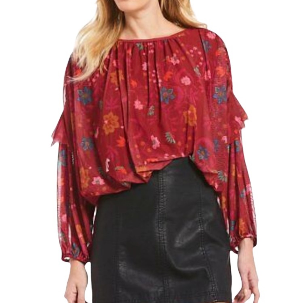 FREE PEOPLE WILDFLOWER HONEY FLORAL LONG SLEEVE MESH TOP BERRY COMB